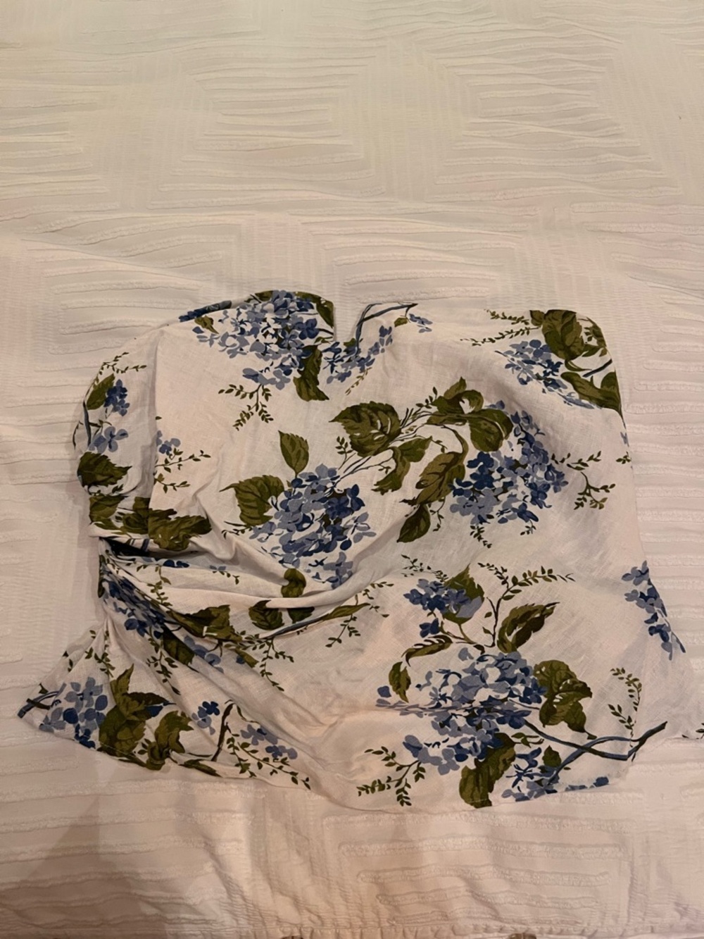 Reformation White Strapless Bustier with Blue & Green Floral Print